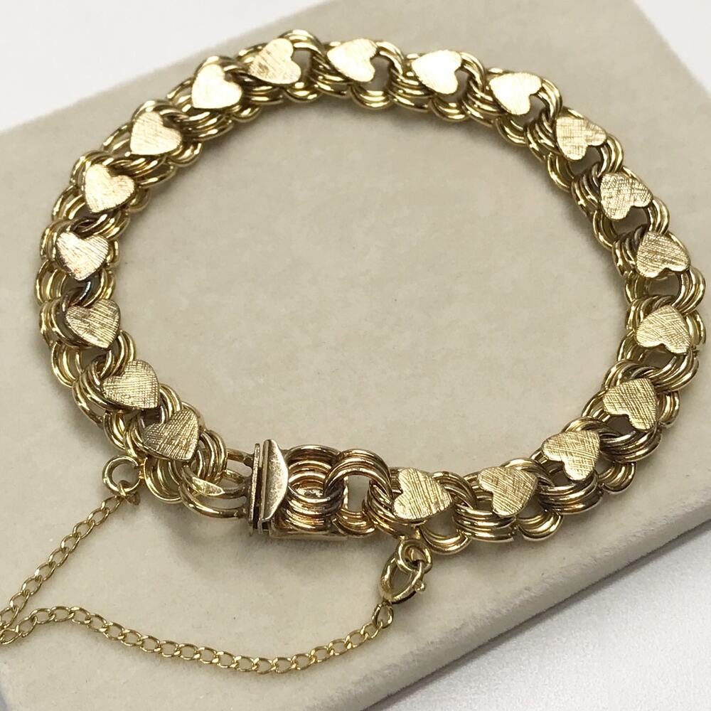 Vintage Jacoby Bender JB Triple Link 12K Gold Filled Heart Charm Bracelet Signed